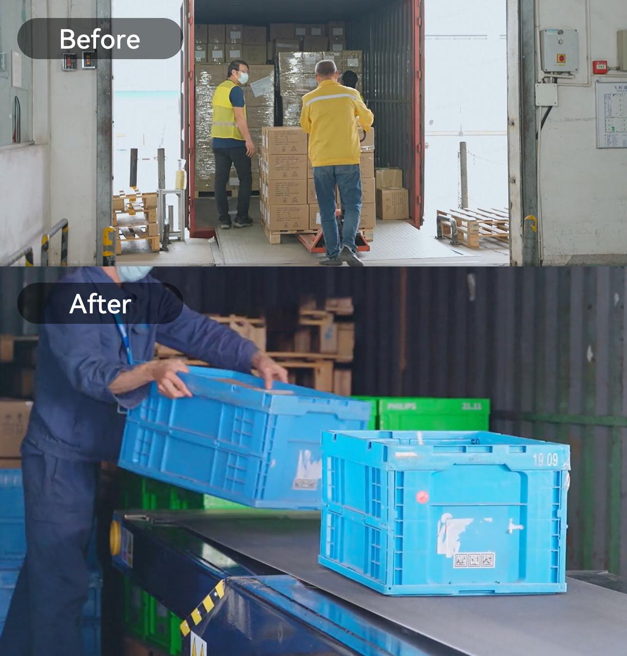 飞利浦自动化工厂工人搬运货物和料箱搬运的对比